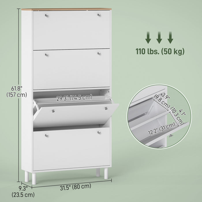 HOMCOM Shoe Cabinet with 4 Flip Drawers, Narrow Shoe Storage Cabinet, White