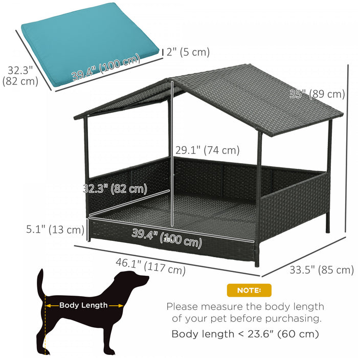 Pawhut Rattan Dog House Outdoor With Shade Canopy, Elevated Wicker Dog Bed With Soft Cushion Washable Cover, For Medium Large Dogs, Blue