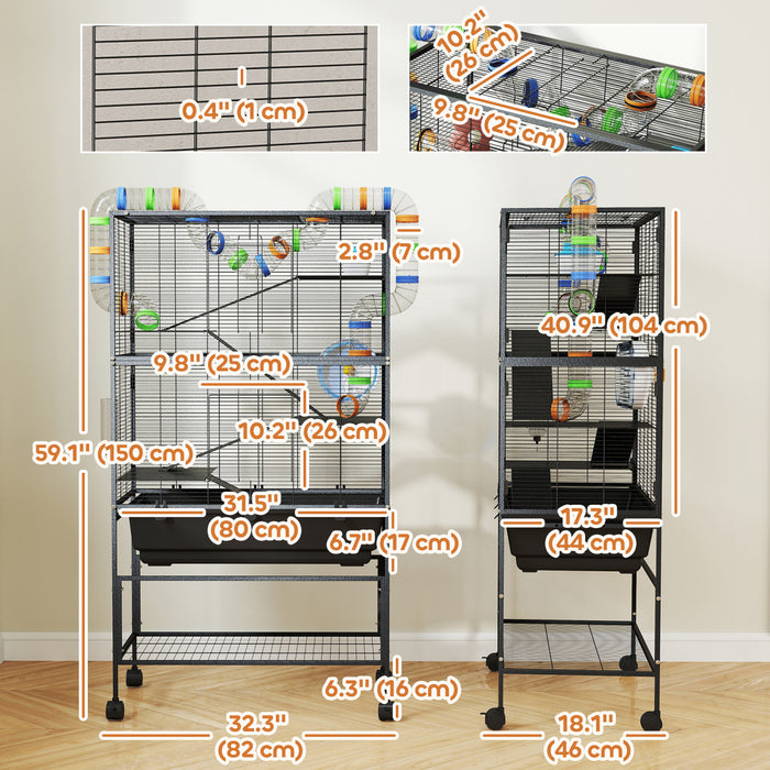 Pawhut Large Hamster Cage With 7\" Deep Tray, 5 Tier Rolling Gerbil Cage With Storage Shelf, Big Exercise Wheel, Tube System, Hut, Platforms, Ramps, For Syrian, Gerbil, Rat
