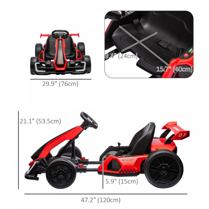 Aosom Go Kart, 24v Kids Drift Kart With Adjustable Seat, Battery Powered Ride-On Toy With Slow Start, Button Start, Music, Honking Horn, Lights, For 6-12 Years Old, Red