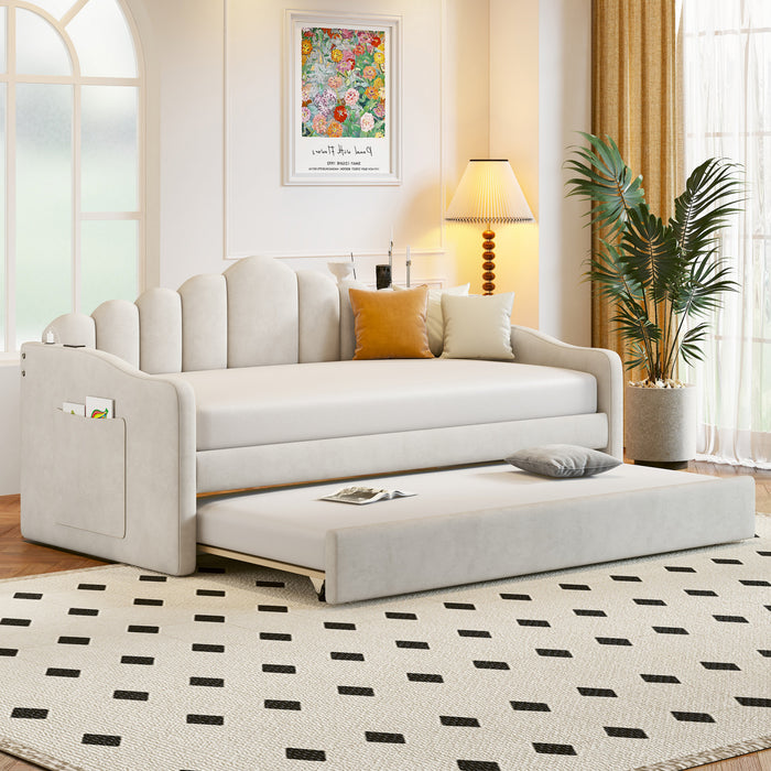 Lily Upholstered Daybed with Trundle and USB Charging Ports,Twin Size,Beige Twin Bed