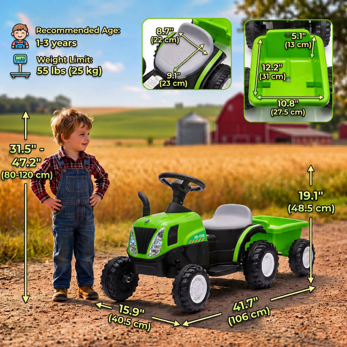Qaba 2 in 1 Kids Ride On Tractor, 6V Electric Vehicle with Detachable Trailer, Battery Powered Toddlers Driving Toy with Music, Horn, Lights for Ages 1-3 Years, Green