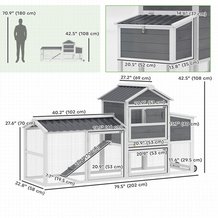 PawHut Chicken Coop with Wheels, 80\" L Wooden Chicken Tractor Outdoor Hen House with Run, Nesting Box, Removable Tray, Ramp, Waterproof Poultry Cage for 2-3 Hens, Grey