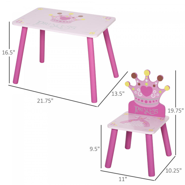 Qaba 3-piece Set Kids Wooden Table Chair With Crown Pattern Easy To Clean Gift For Girls Toddlers Age 2-4 Years Old Pink