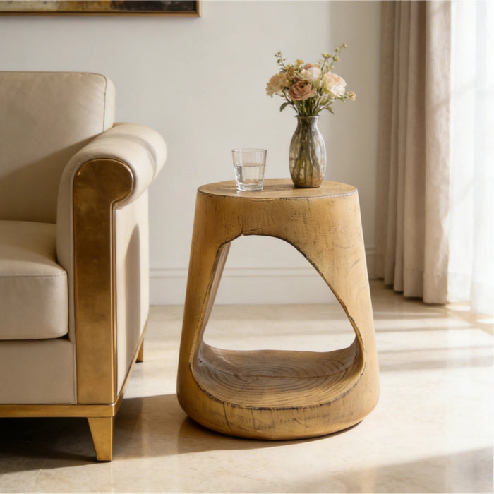Elio 16.75\" Rustic Hollow Tree-Stump MGO Accent Table, Pet-Friendly Indoor Side Table, Natural