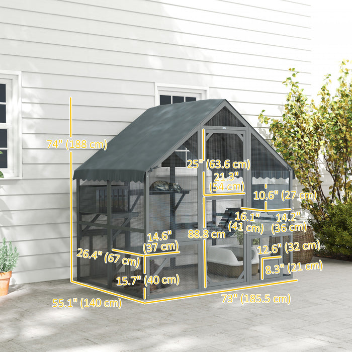 Pawhut Catio Outdoor Cat Enclosure, Large Kitten House With Waterproof Cover, 2 Resting Boxes, 4 Platforms, Bridge, Wooden Cat Cage Outdoor For 2-4 Kittens, 73\" X 55\" X 74\", Grey