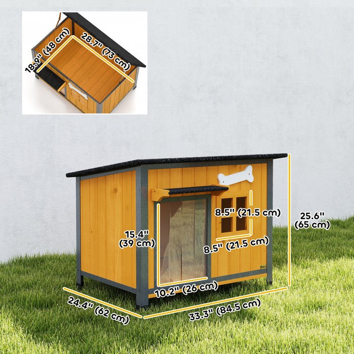 PawHut Dog House Anti-Chewing Steel Frame, Wooden Dog Kennel House with Openable Roof, Removable Floor, Door Curtain, Weatherproof Pet Shelter for Outdoor Indoor