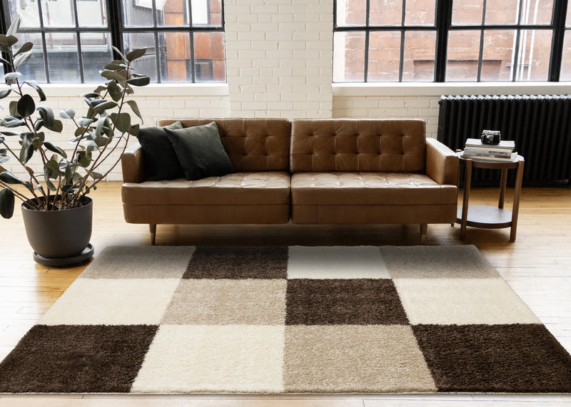Fairmont Brown Beige White Checkered Rug, 7'10\" x 10'6\" Indoor Area Rug