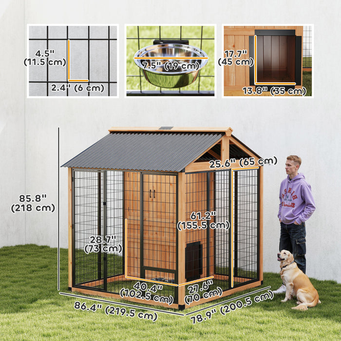 PawHut Extra Large Dog House Outdoor, Wooden Dog Kennel with Storage Cabinet, Pet Shelter with Waterproof Roof, Stainless Steel Bowls for Large Breeds 86\" x 79\" x 86\" Light Yellow