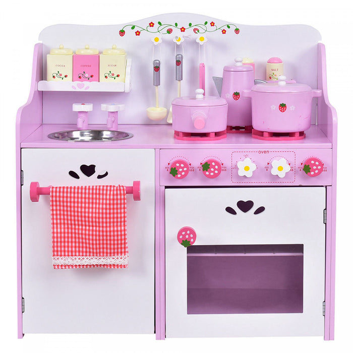 Costway Kids Wooden Play Set Kitchen Toy Strawberry Pretend Cooking Playset Toddler
