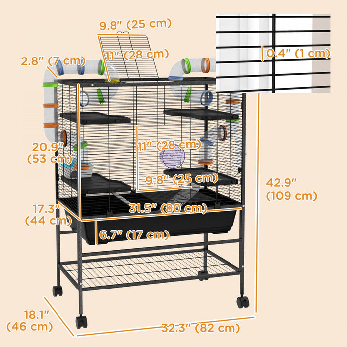 Pawhut 43\" Hamster Cage, Small Animal House Rolling Rat Cage With Tunnel Tube System, Exercise Wheel, Food Dish, Water Bottle, Ramp, Storage Shelf, For Syrian Hamsters, Gerbils