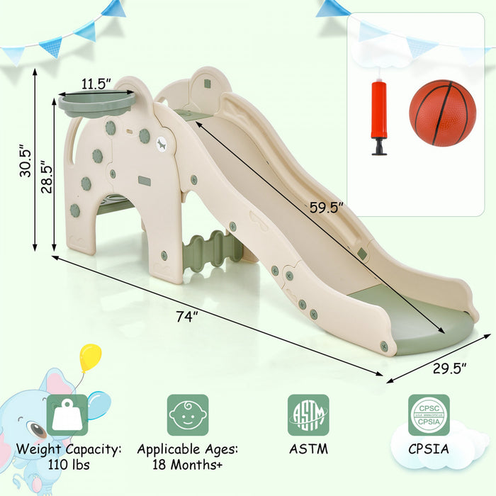 Costway 3-in-1 Toddler Slide With Buffer Zone Basketball Hoop & Ball Elephant Design