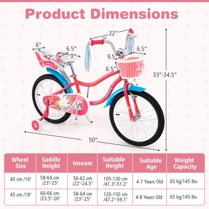 Costway 18\" Kids Bike For 4-8 Years Old With Basket Doll Seat & Colorful Streamers Kickstand Pink