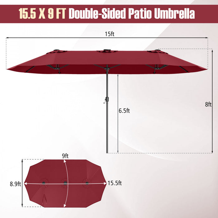 Costway 15.5 FT Extra-Large Patio Umbrella with LED Solar Lights & 12 Heavy-Duty Ribs Red