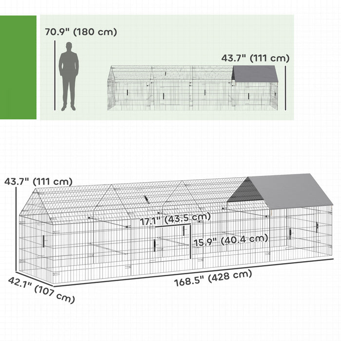PawHut Metal Chicken Coop, 14' x 3.5' x 3.6' Large Chicken Run with Water-Resistant & Anti-UV Cover, Outdoor Poultry Cage with 6 Doors for 4-6 Hens, Rabbits, Ducks, Geese