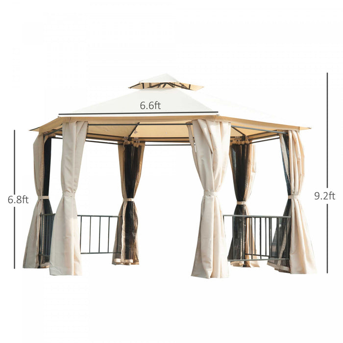 Outsunny 13ft Hexagon Gazebo Outdoor Canopy Shelter With Netting And Shaded Curtains Beige