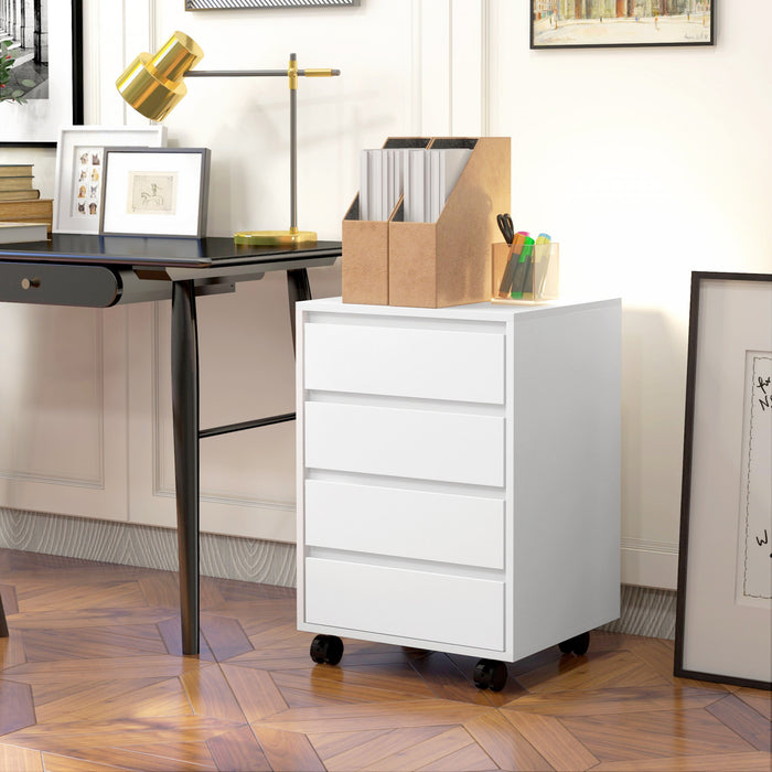 HOMCOM 4 Drawer File Cabinet, Filing Cabinet with Lockable Wheels, White