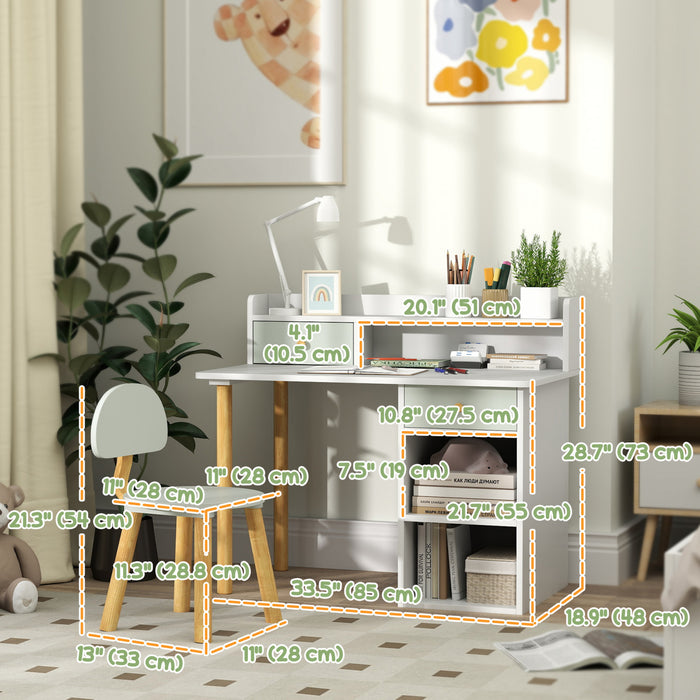 Qaba Kids Desk And Chair Set, 2 Pieces Kids Study Table And Chair Set For 3-8 Year Old, Writing Table For Bedroom, Study Room, With Storage And Shelves, Green
