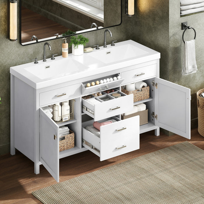 Sorelle 59 Inch Double Sink Bathroom Vanity with Resin Sinks and 3 Drawers, White