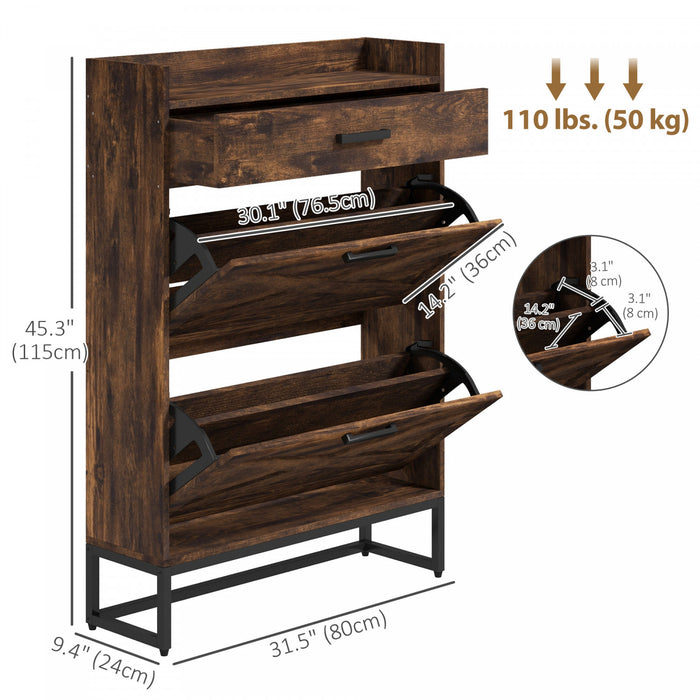 HOMCOM Narrow Shoe Cabinet with 2 Flip Doors and Top Drawer, Rustic Brown
