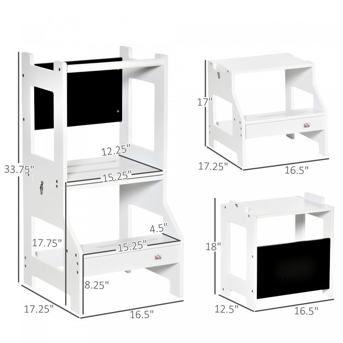 Qaba 2-in-1 Kids Kitchen Helper Step Stool, Detachable Toddler Table And Chair Set, Children Standing Tower For Kitchen Counter With Safety Rail Chalkboard, White
