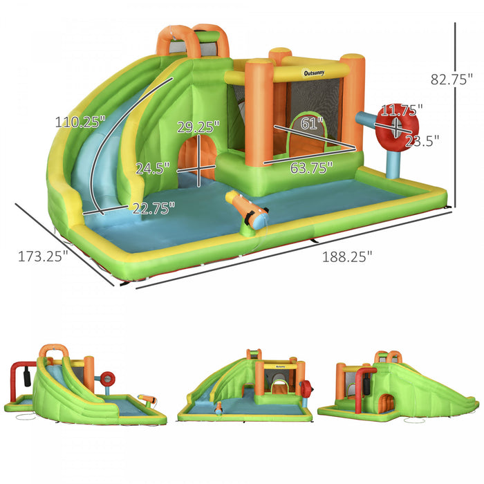 Outsunny 8-in-1 Inflatable Water Slide, Kids Castle Bounce House Includes Slide, Trampoline, Pool, Water Gun, Ball-target, Boxing Post, Tunnel With Carry Bag, 750w Air Blower