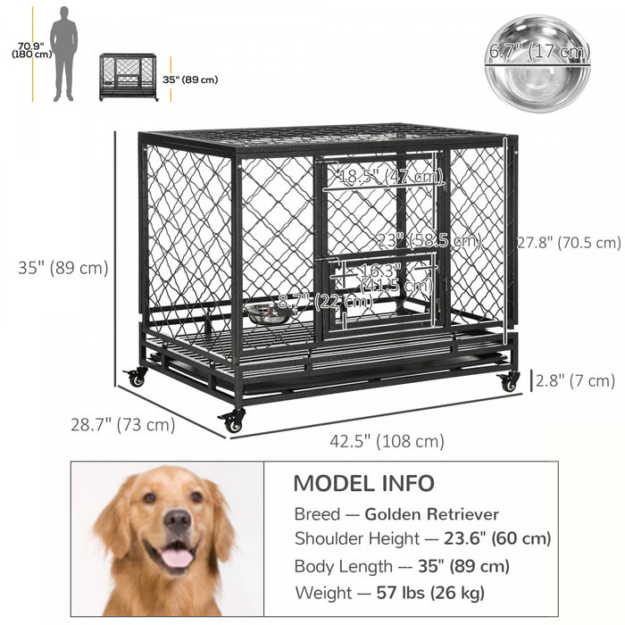 Pawhut Heavy Duty Dog Crate, Metal Dog Kennel Cage With Wheels, Openable Top, Removable Tray, Stainless Steel Bowl, For Small, Medium, Large & Xl Dogs, 42.5\" X 29\" W X 35\"