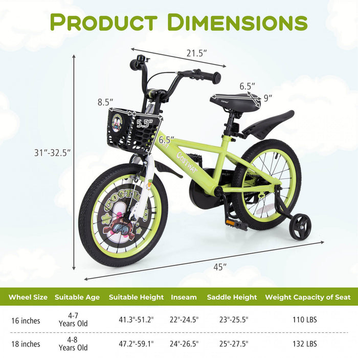 Costway 16\" Kid's Bike For 4-7 With Height-adjustable Handlebar & Saddle Handbrake Green
