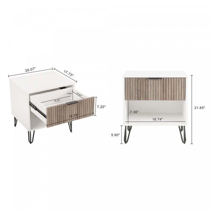 Dumbo Modern 20\" Fluted Nightstand in Rustic Gray and White (1-Drawer)