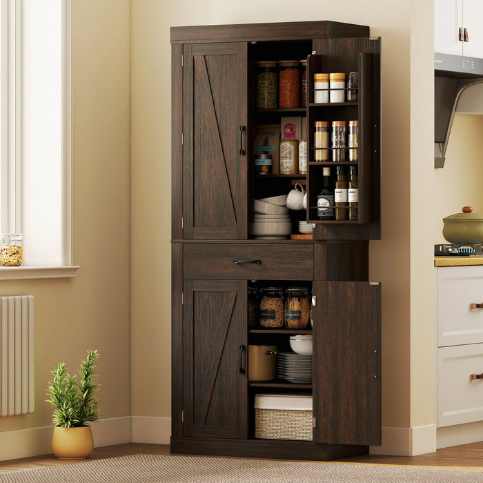 72\" Kitchen Pantry Cabinet, Kitchen Storage Cabinet with Barn Doors, Brown