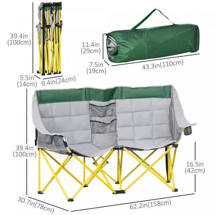 Outsunny Double Seat Camping Chair Folding Loveseat w/ Storage Pocket Green