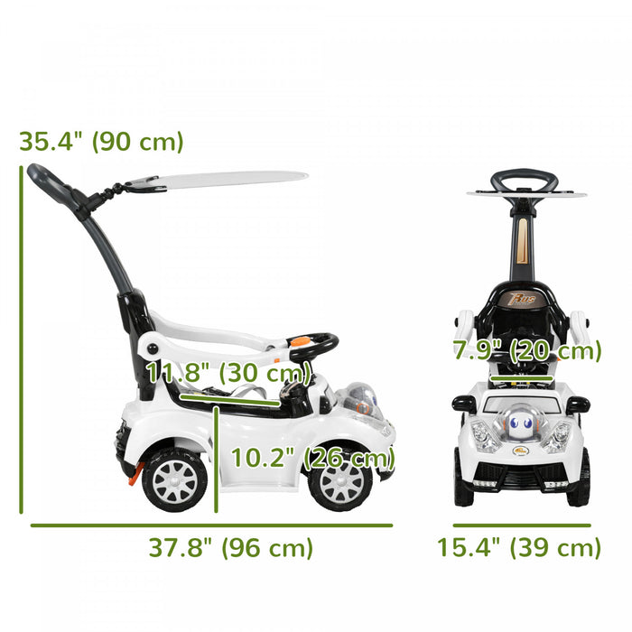 Qaba Push Car, 3 In 1 Kids Ride On Car Toddler Sliding Car With Music, Light, Foot To Floor Baby Car With Handle, Removable Canopy, Safety Guardrail, Horn, White