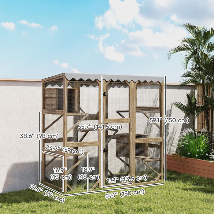 Pawhut Catio, Outdoor Cat Enclosure With Waterproof Cover, 2 Relaxing Condo, 5 Platforms, Wooden Cat House Window Box For Multiple Kittens, 59\" X 28\" X 59\", Brown