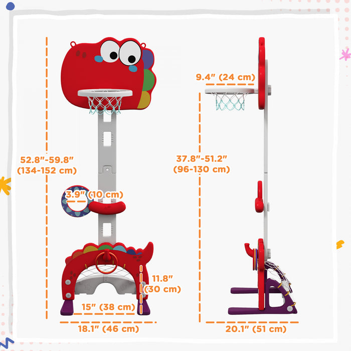Qaba 5-in-1 Toddler Basketball Hoop, 4.4-5 ft Adjustable Height Basketball Goal with Soccer, Golf, Ring Toss & Throw Ball Game Birthday Gift for Boys Girls 3-6 Years Indoor, Red