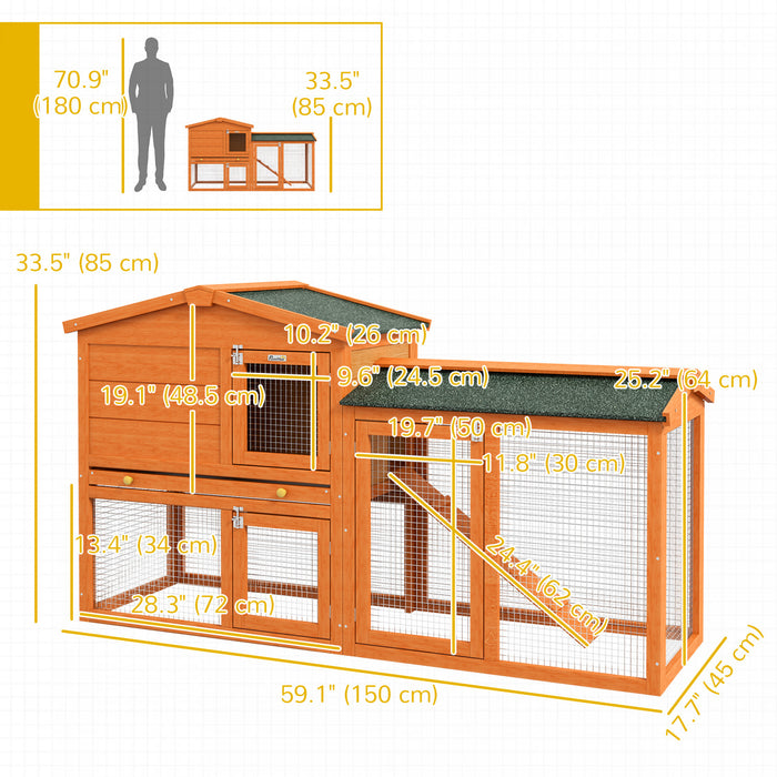 PawHut Two-Level Rabbit Hutch Small Animal House Pet Bunny Cage Home w/ Outdoor Run Water & UV Resistant Roof Access Ramp Natural Finish Guinea Pig Bunny Hamster Habitat, Orange