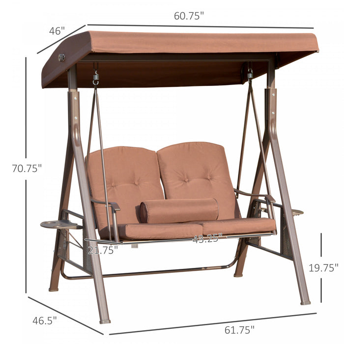 Outsunny 2-person Patio Swing Outdoor Swing Chair Canopy Swing With Adjustable Shade, Soft Cushions, Throw Pillow And Tray For Garden, Poolside, Backyard, Brown