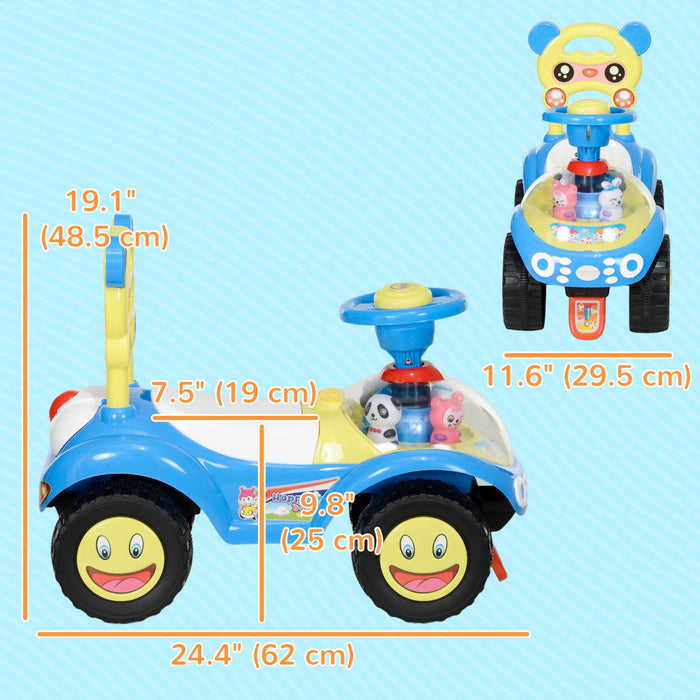 Qaba Push Car for Toddlers, Foot-to-Floor Ride on Car Toy with Horn, Light, Music, Anti-Over-Backwards Device, Steering Wheel, Under Seat Storage for 1.5-3 Years Old, Blue