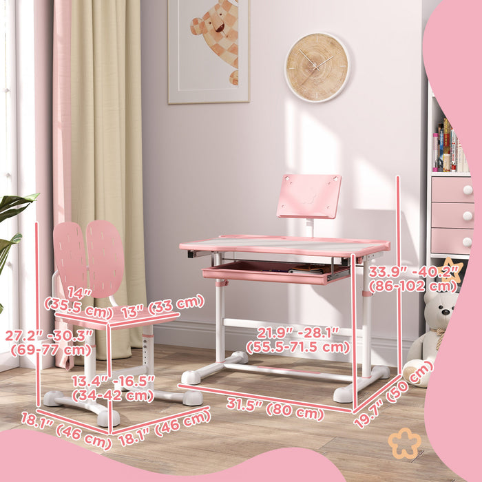 Qaba Kids Desk And Chair Set, Height Adjustable Kids Study Table And Chair Set With Tilt Desktop, Large Writing Board, Storage Drawer, Book Stand For 3-12 Years, Pink