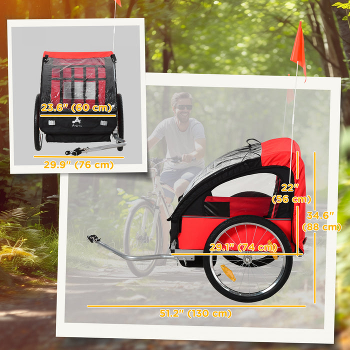 Aosom 2 Seat Bike Trailer for Kids Double Baby Toddler 80lbs Load w/ Steel Frame, 5-Point Safety Belts, Universal Bicycle Connect, Reflectors, Red Flag, Waterproof Cover, Red