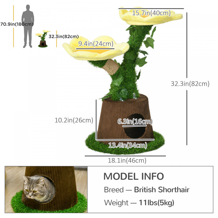 Pawhut 18\" Plush Cat Tree With Two Flower Platforms, Multi-activity Centre Cat Tower With Jute Scratching Posts, Elevated Perches, Round Roomy Condo With Door, Green