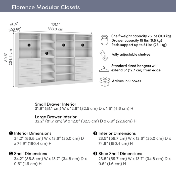 Bestar Florence 132\" Modular Walk-In Closet System with Drawers and Shoe Shelves Shaker Style - White