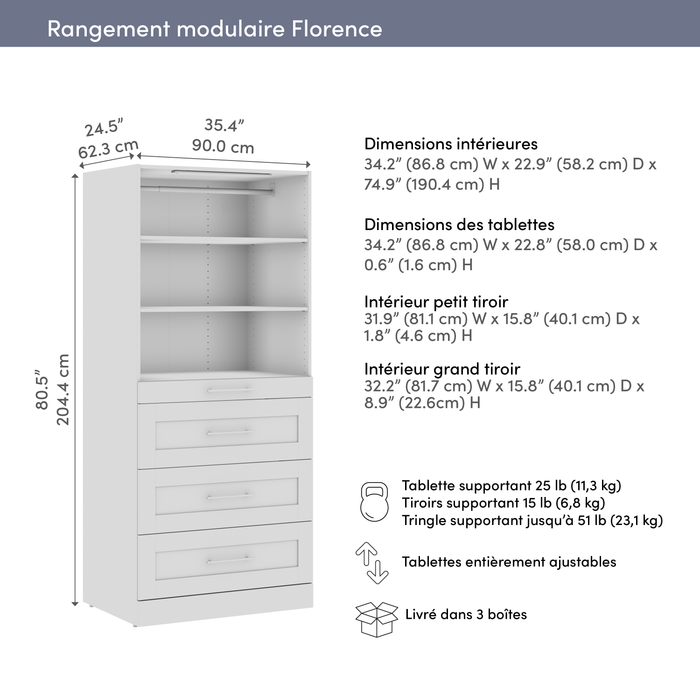 Bestar Florence 35\" Modular Reach-In/Walk-In Closet System with LED Light and Storage - White