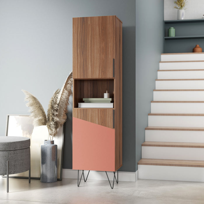 Manhattan Comfort Beekman 17.51\" Narrow Bookcase Cabinet with 5 Shelves - Brown & Pink