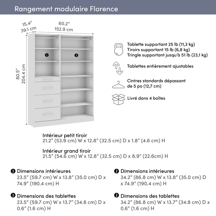 Bestar Florence 60\" Modular Reach-In/Walk-In Closet System with Storage - White
