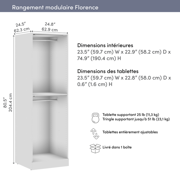 Bestar Florence 25\" Modular Double Hanging Closet System with LED Light - White