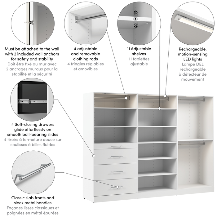Bestar Florence 107\" Modular Walk-In Closet System With LED Lights, Rods, Shelves and Drawers Slab Style - White