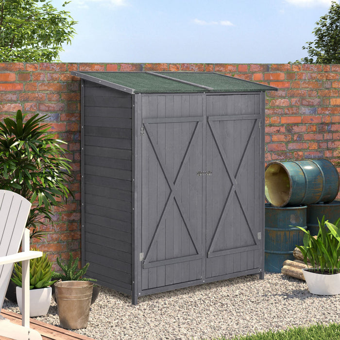 Outsunny 54.75''x29.5''x63'' Garden Storage Shed Asphalt Roof Wooden Timber Double Door Utility Storage House W/ Movable Shelf & Fixed Fittings, Green And Grey