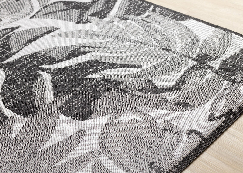 Jackson Grey White Botanical Leaves Rug, 6'7\" x 9'6\" Outdoor Area Rug