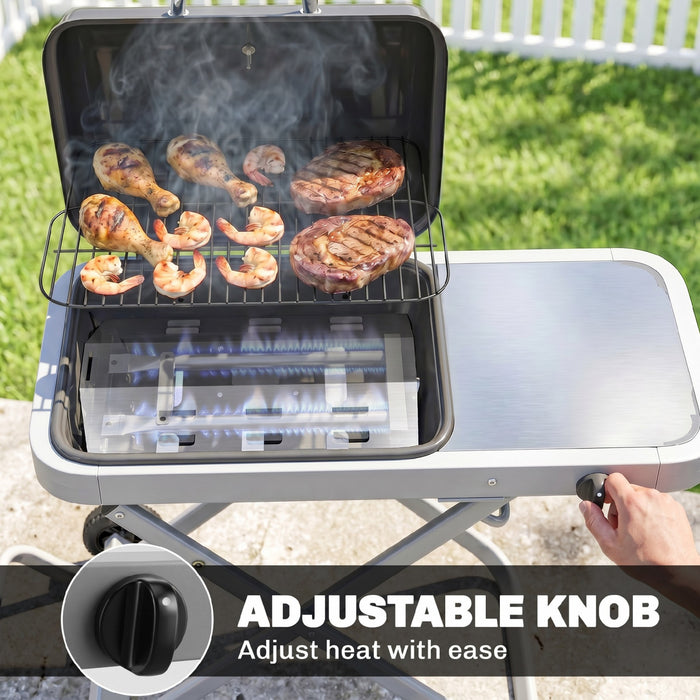 Outsunny Portable Propane Gas BBQ Grill with 9500 BTU Burner, Foldable Cart and Wheels, Piezo Ignition, Thermometer, Side Shelf for Outdoor Cooking, Gas Barbecue Grill, Black