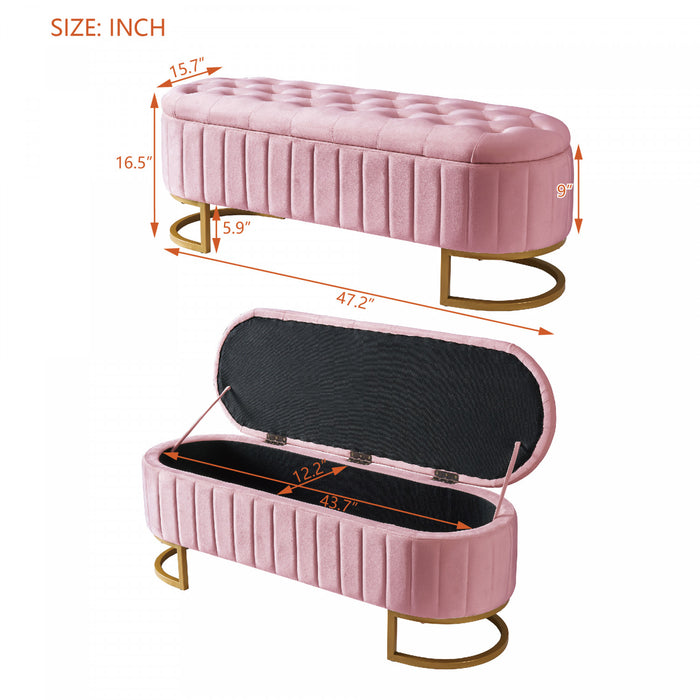 Amelia Elegant Velvet Button-Tufted Storage Bench with Metal Legs,Pink